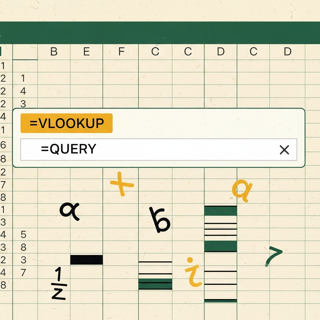 A stylized illustration of a Google Sheets workspace with formulas.